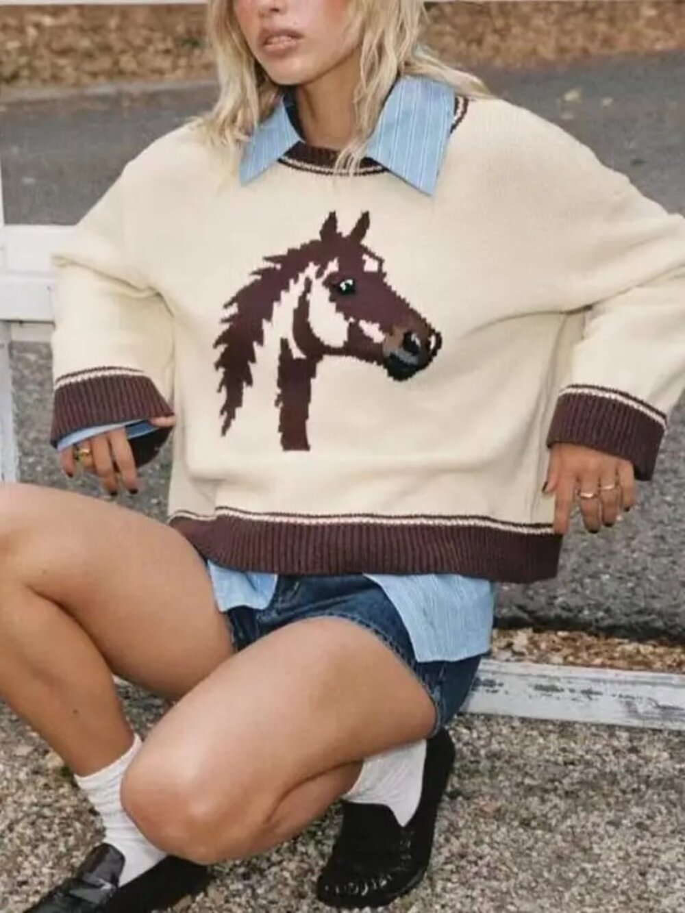 Western Vintage Horse Graphic Knit Sweater in Cream - Picture 2 of 5